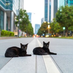 Two black cats resting on city street