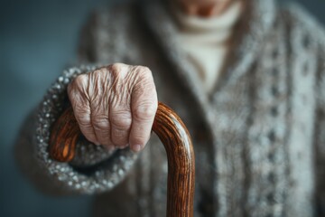 Close-up of elderly hand grasping a beautifully carved wooden cane showcasing intricate textures and subtle signs of aging emphasizing resilience and wisdom in every detail