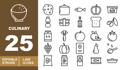 Culinary set of web icons in line style. Bowl, Cookie, Pot, Fish, Apple, Container, Bottle, Sushi, Sauce, Bread, Olives, Milk, Leek, Apple, Orange, Tomato, Grapes, Pumpkin. Editable stroke icons