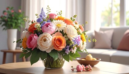Vibrant bouquet in glass vase on table