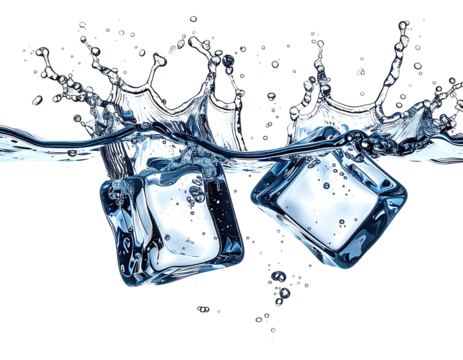 Two ice cubes plunging into water, creating splashes