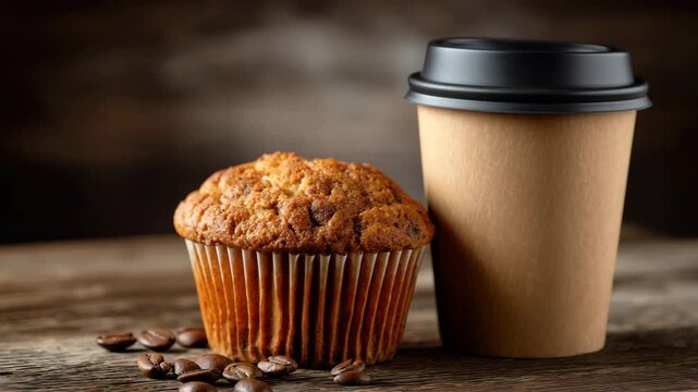 A freshly baked muffin sits next to a warm cup of coffee on a rustic wooden table. The cozy atmosphere invites relaxation and enjoyment of simple pleasures