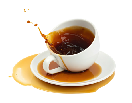 Coffee spills from a tipped white cup