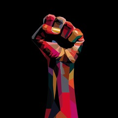 Colorful Geometric Fist Illustration on Black Background, Symbol of Revolution