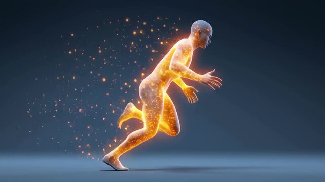 A graphic illustration of the human body glowing with highlighted pathways showing calories being burned and transformed into energy.