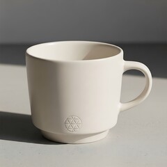 Minimalist cream mug with geometric pattern in serene studio setting