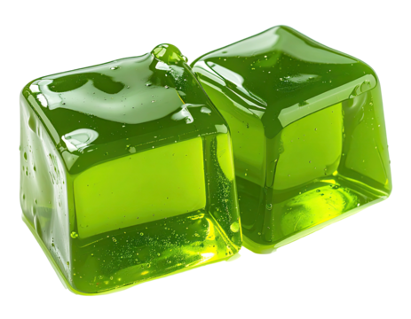 Two vibrant lime-green, glossy, cubed jellies, overlapping slightly, with smooth, translucent surfaces and slightly dripping edges