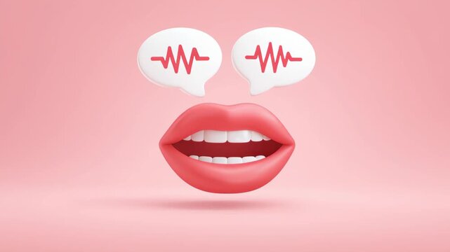 A close-up of a mouth speaking with sound wave icons flowing out, symbolizing communication skills and speaking ability.