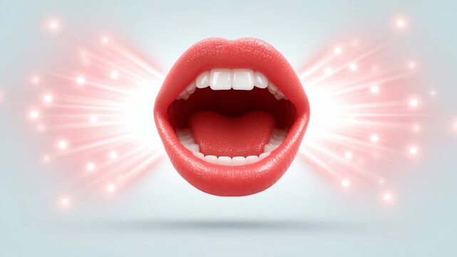 A close-up of a mouth speaking with sound wave icons flowing out, symbolizing communication skills and speaking ability.