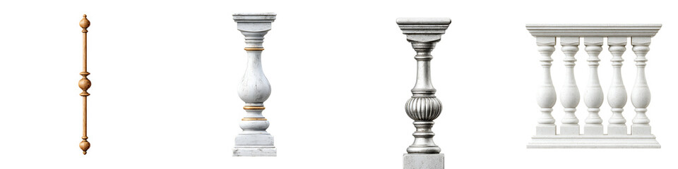 Assorted White Marble Balusters and Railings Isolated on White