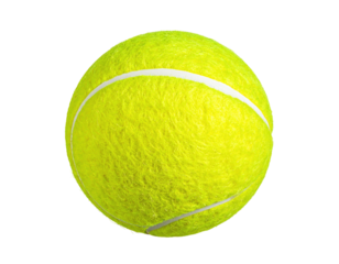 Yellow tennis ball,  perfectly round,  showing textured surface,  white lines