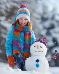 Girl builds snowman wearing colorful winter clothing outdoors on snow