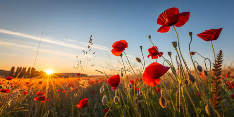 Obraz premium Poppy Field with Sun Rays