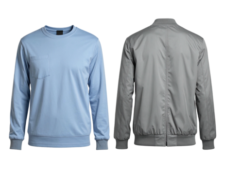 Light blue sweatshirt and gray bomber jacket, front and back views