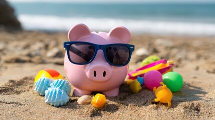 Piggy Bank's Vacation: A lighthearted scene features a pink piggy bank, adorned with sunglasses, basking on a sandy beach surrounded by colorful beach toys and the backdrop of a serene ocean.