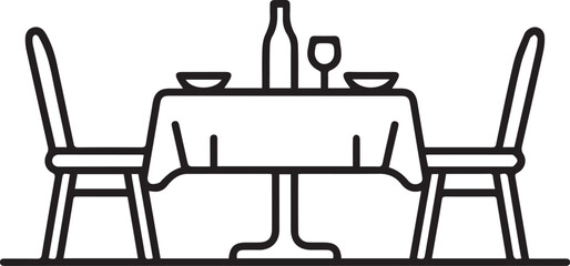 Simple outline of a romantic dinner setting for two with tableware and wine