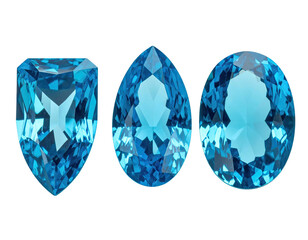 Three faceted, blue gemstones, pear and cut, isolated