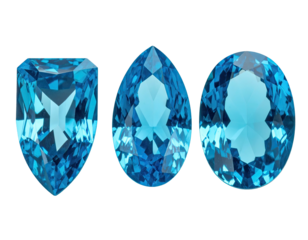 Three faceted, blue gemstones, pear and cut, isolated