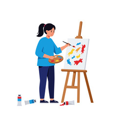 Fototapeta premium A woman with a ponytail paints colorful shapes on a canvas propped on an easel tubes of paint litter the floor