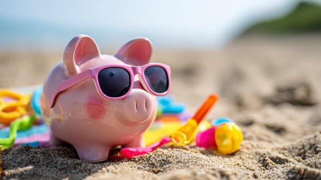 Vacation Savings: A whimsical piggy bank, sporting sunglasses, enjoys a relaxing beach vacation, symbolizing financial preparedness for leisure.