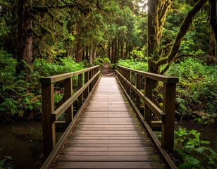Wooden Bridge in Lush Green Forest
