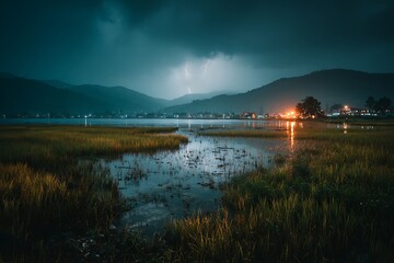Obraz premium Dramatic Lightning Over Tranquil Lake at Dusk with Reflections of Distant Village Lights