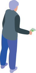 Elderly man giving money, making a payment or donation, isometric person from behind