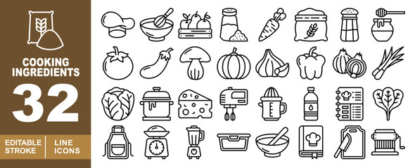 Cooking Ingredients set of web icons in line style. Flour, Hat, Bowl, Fruits, Bottle, Salt, Carrot, Flour, Shaker, Honey, Tomato, Eggplant, Mushroom, Pumpkin, Garlic, Pepper. Editable stroke icons