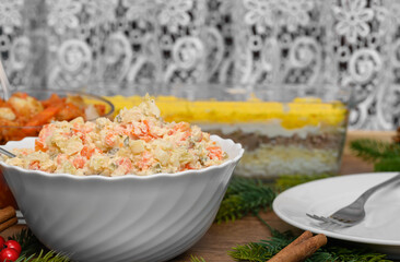 Polish vegetable salad in a salad bowl on the table