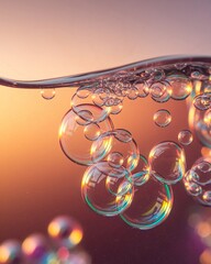 Closeup of soap bubbles floating in water with colorful reflections and a warm background.