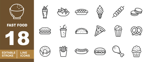 Fast Food set of web icons in line style. Bowl, Milkshake, Nachos, Pie, Icecream, Skewer, Macarons, Burger, Drink, Taco, Pizza, Popcorn, Pretzel, Donut, Fries, Hotdog, Chicken. Editable stroke icons 