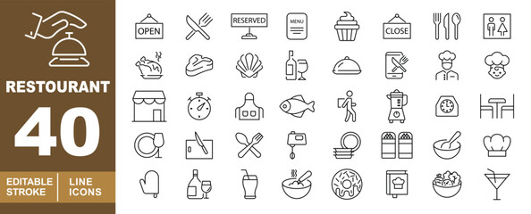 Restaurant set of web icons in line style. Bell, Open, Knife, Reserved, Menu, Cupcake, Close, Utensils, Toilet, Chicken, Steak, Shell, Bottle, Dish, Phone, Chef, Chef, Shop, Stopwatch. Editable stroke