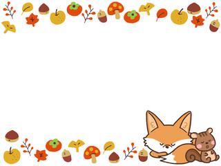 秋の紅葉とキツネとリスのシンプルフレームイラスト