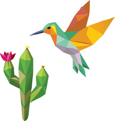 Geometric low poly hummingbird flying near cactus flower