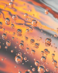 Closeup of water droplets reflecting vibrant orange and yellow light.
