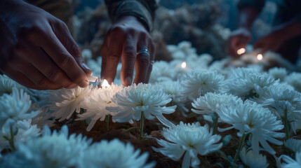 Lighting Candles Among White Chrysanthemums at Cemetery for All Saints’ Day Night Vigil