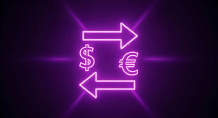 Neon exchange illustration of dollar and euro symbol with arrows