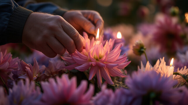 Hands Lighting Candle Among Beautiful Pink Chrysanthemums for All Saints’ Day Cemetery Ritual