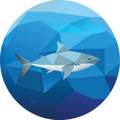 Low poly American shark swimming in blue ocean water