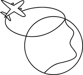 continuous line art airplane flying across globe illustration on transparent
