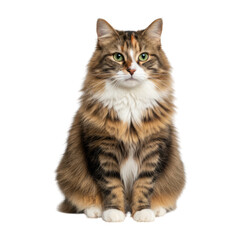 Obraz premium Fluffy, multi-colored cat sits upright against a dark, isolated background