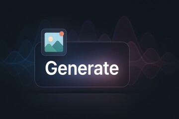 Dark AI image generate button with glowing photo icon and digital wave background
