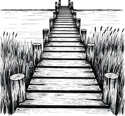 Fototapeta premium Create hand-drawn wooden pier extending into water with grass on both sides in black and white on white background.