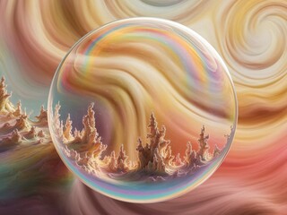 Colorful bubble with a landscape reflection and swirling background.