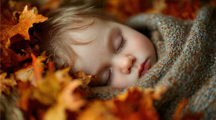 Cozy child peacefully asleep surrounded by vibrant autumn leaves wrapped in a soft blanket nestled in a warm, inviting natural setting with gentle light filtering through.