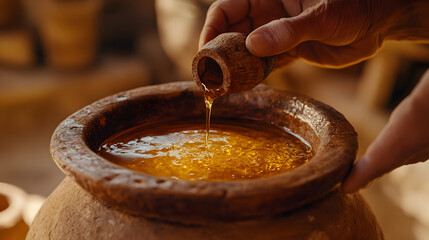Oil pouring into clay pot close up