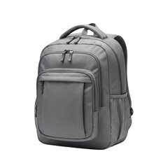 Fototapeta premium Gray fabric backpack with zippers and pockets isolated against black