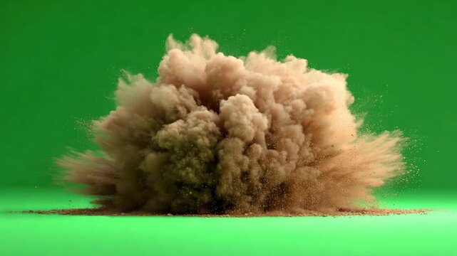 A large cloud of light brown dust explodes outward from a central point on a green screen background