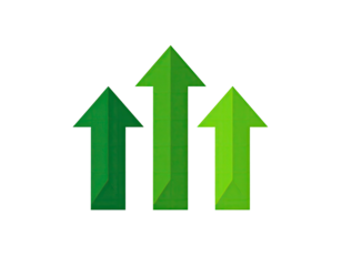 Three vibrant green upward-pointing arrows, digitally rendered, create a strong growth graphic against a black background