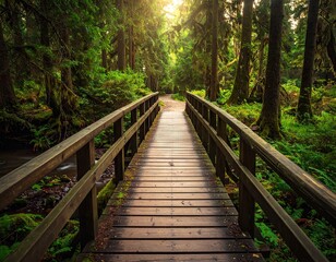 Wooden Bridge Pathway Through Lush Green Forest